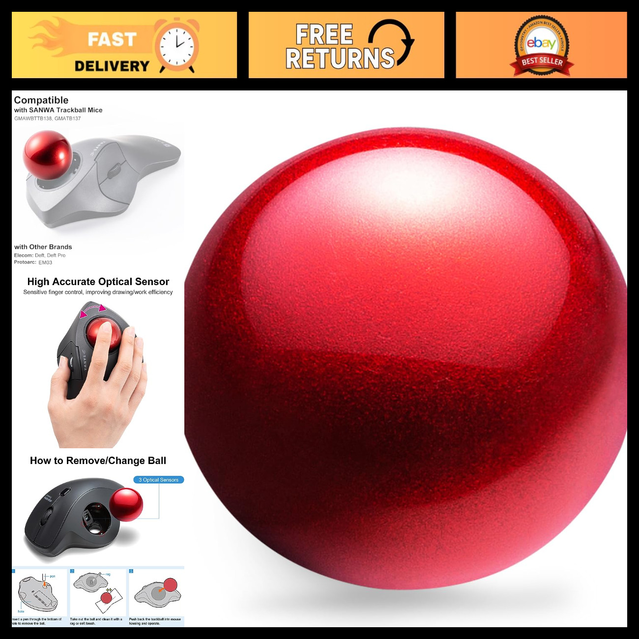 44mm Trackball Replacement Ball for Trackball Mouse, Glossy Red, Compatible with