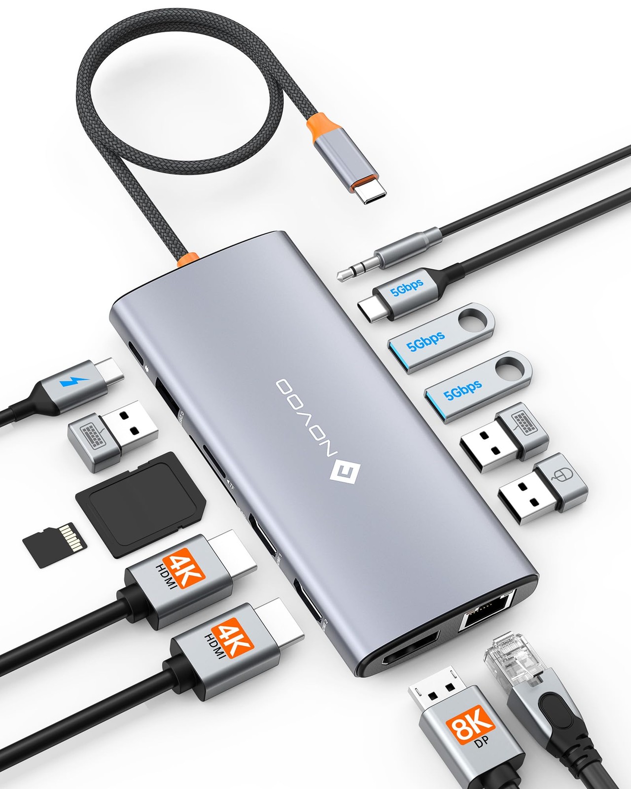 NOVOO USB C Docking Station Dual Monitor for Laptop, 14 in 1, Silver Gray HUB