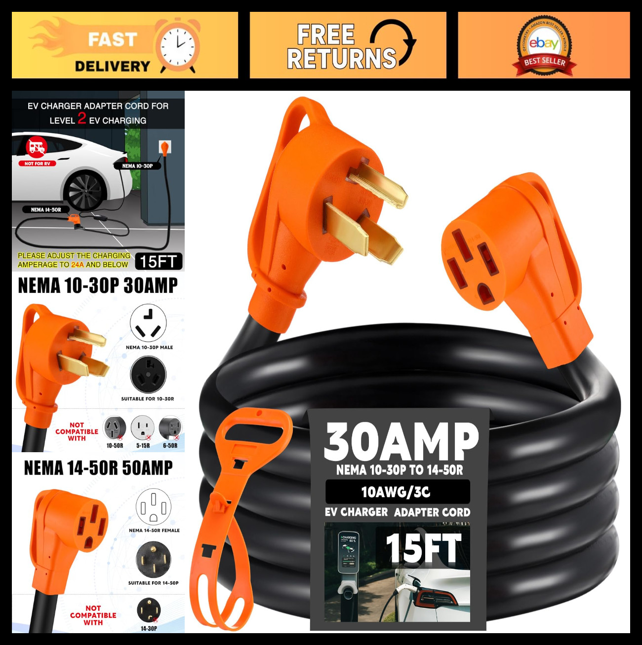 15ft EV Charger Adapter Cord 10-30P to 14-50R, NEMA 30A to 50A, Level 2 Charging