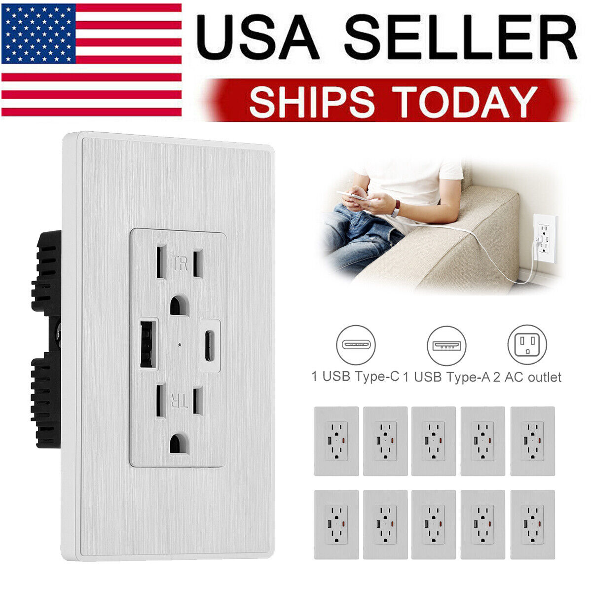 1-10X USB Outlet Type-C/A Wall Charger 15A Receptacle Plug Electrical Socket Lot