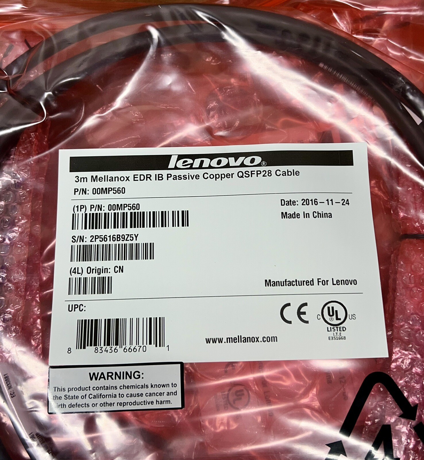 NEW, OPEN BOX Lenovo 00Mp560 3m Mellanox EDR IB Passive Copper Qsfp28 Cable