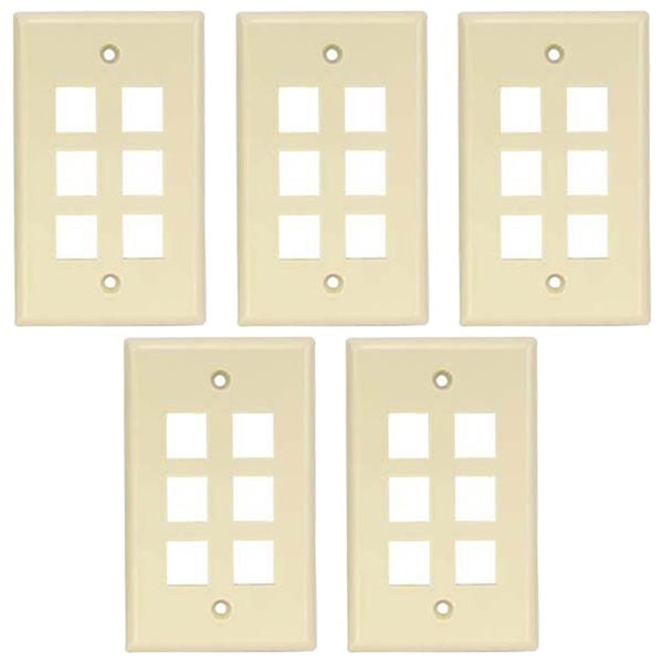 5 Pcs 6 Port Hole 1 Gang Wall Plate Keystone Jack Network Faceplate Smooth Ivory