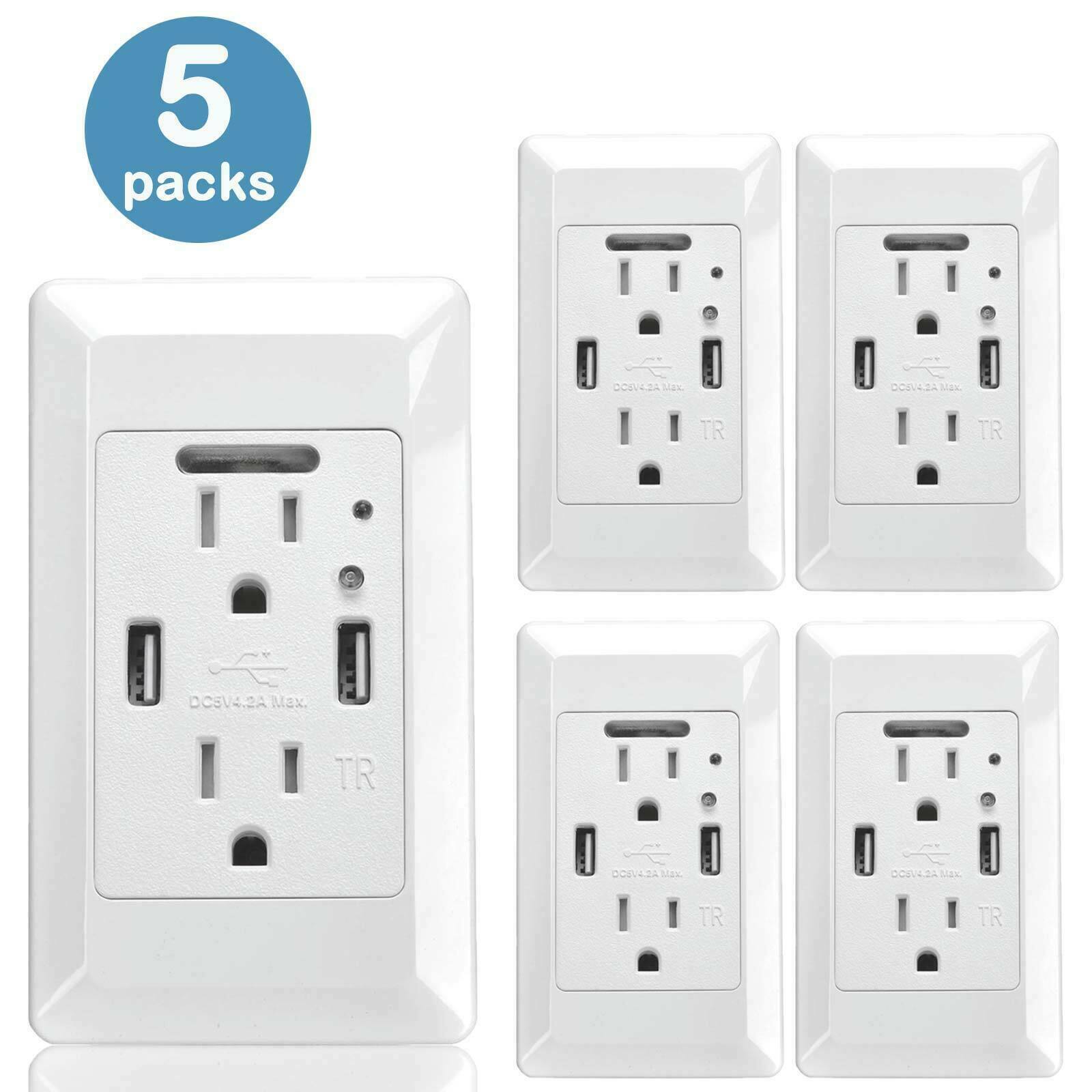 4.2A USB Wall Outlet Charger w/LED Night Light Duplex Receptacle Light Sensor US
