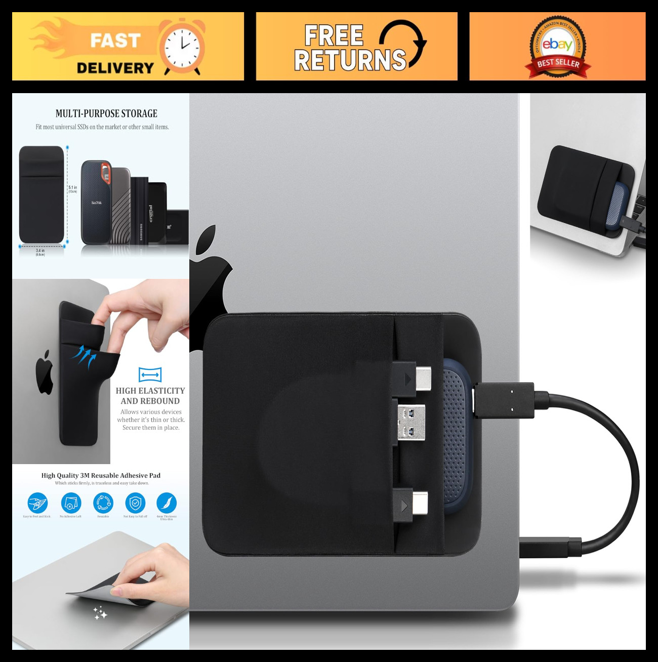Portable Hard Drive Sleeve for Laptop - 2-Pocket Adhesive Pouch, SSD Organizer,
