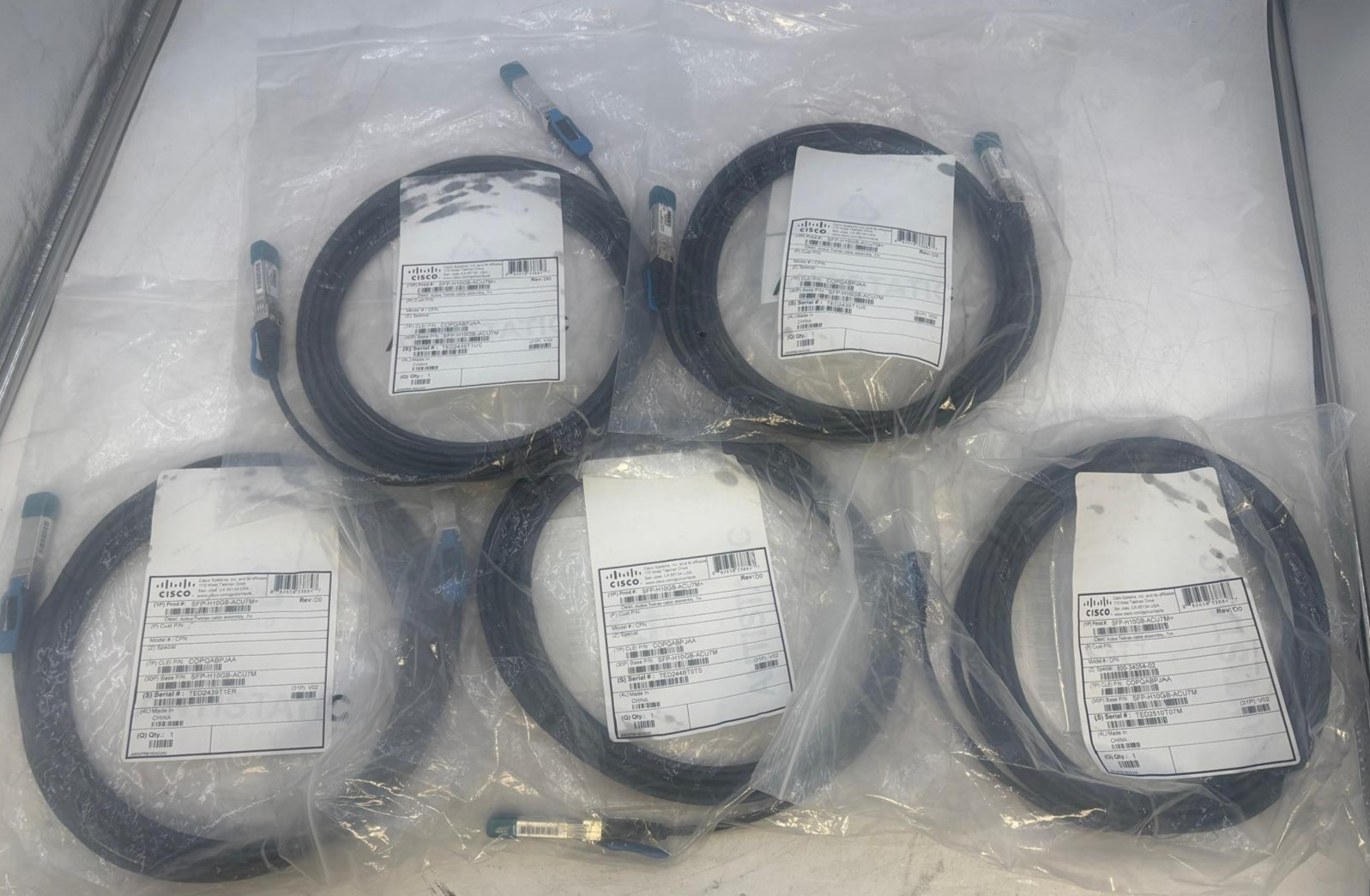 LOT OF 5 Cisco SFP-H10GB-ACU7M 7M 10G SFP+ Active DAC Twinax Cable (37-1149-02)