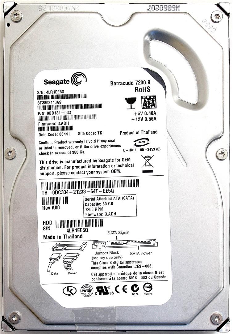 Hdd 80gb, barracuda 7200.9 st3808110as p/n: 9bd131-033 fw: 3.adh, cn-0dc334-212