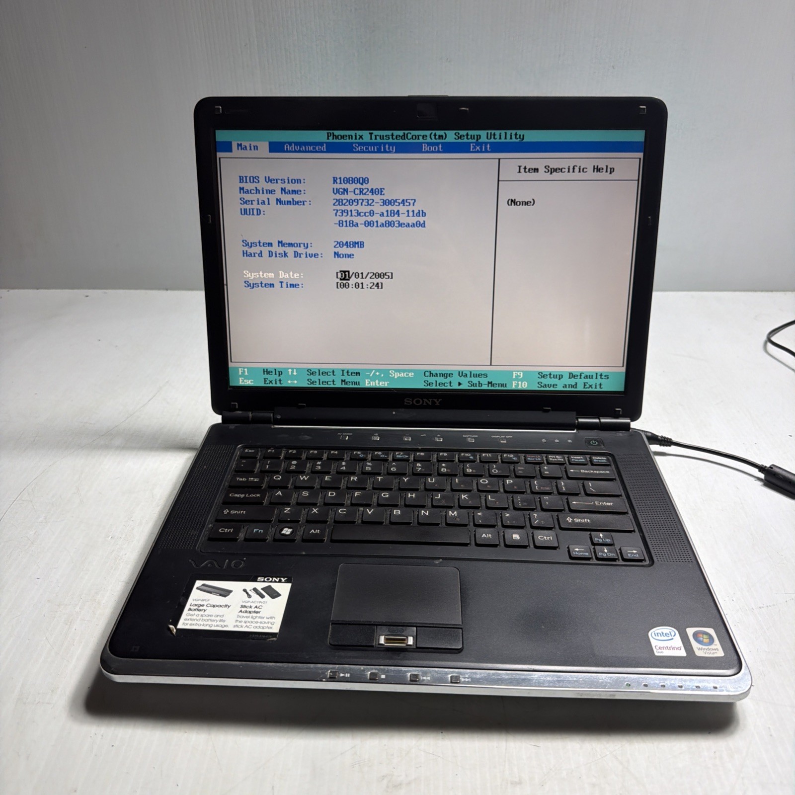 Sony Vaio VGP-BPL9 14" Laptop Intel Centrino 2gb Ram NO Drives Boots Bios Read