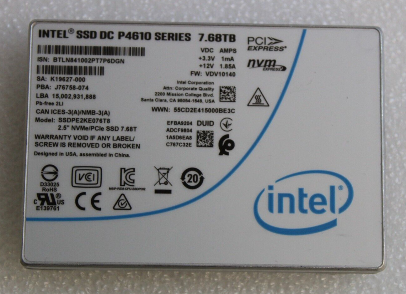 Intel DC P4610 SSDPE2KE076T8 7.68TB NVMe U.2 PCIe 2.5