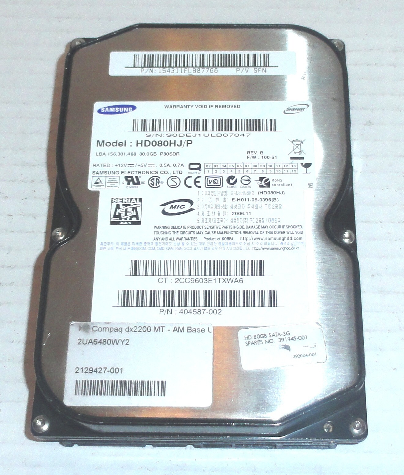 Samsung HD080HJ/P 80GB Sata Hard Drive F/W: 100-51 P/V: SFN