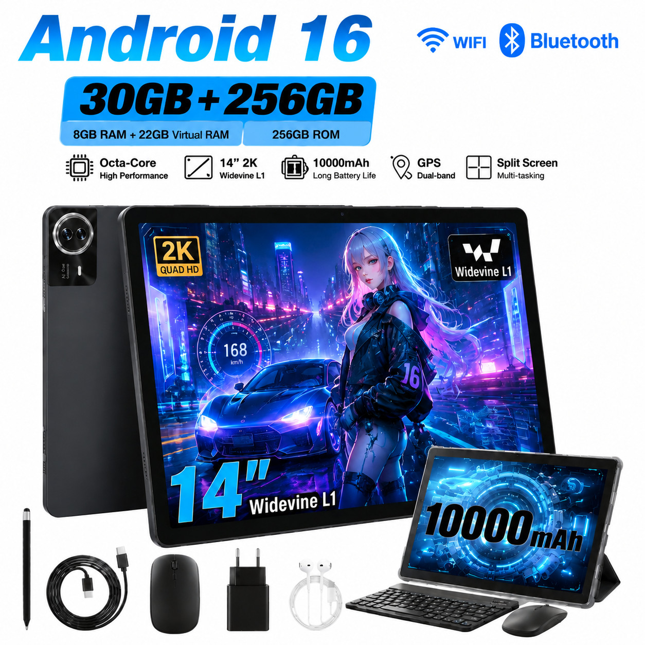 14.1 inch Dual-Function 2-in-1 Tablet Android 16 30GB RAM 256GB ROM BT Gemini AI