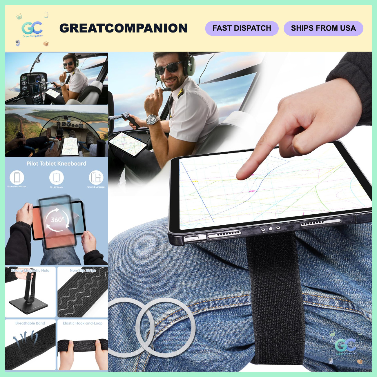 Adjustable Magnetic Kneeboard for iPad - Lap Mount, Pilot Accessory, Black