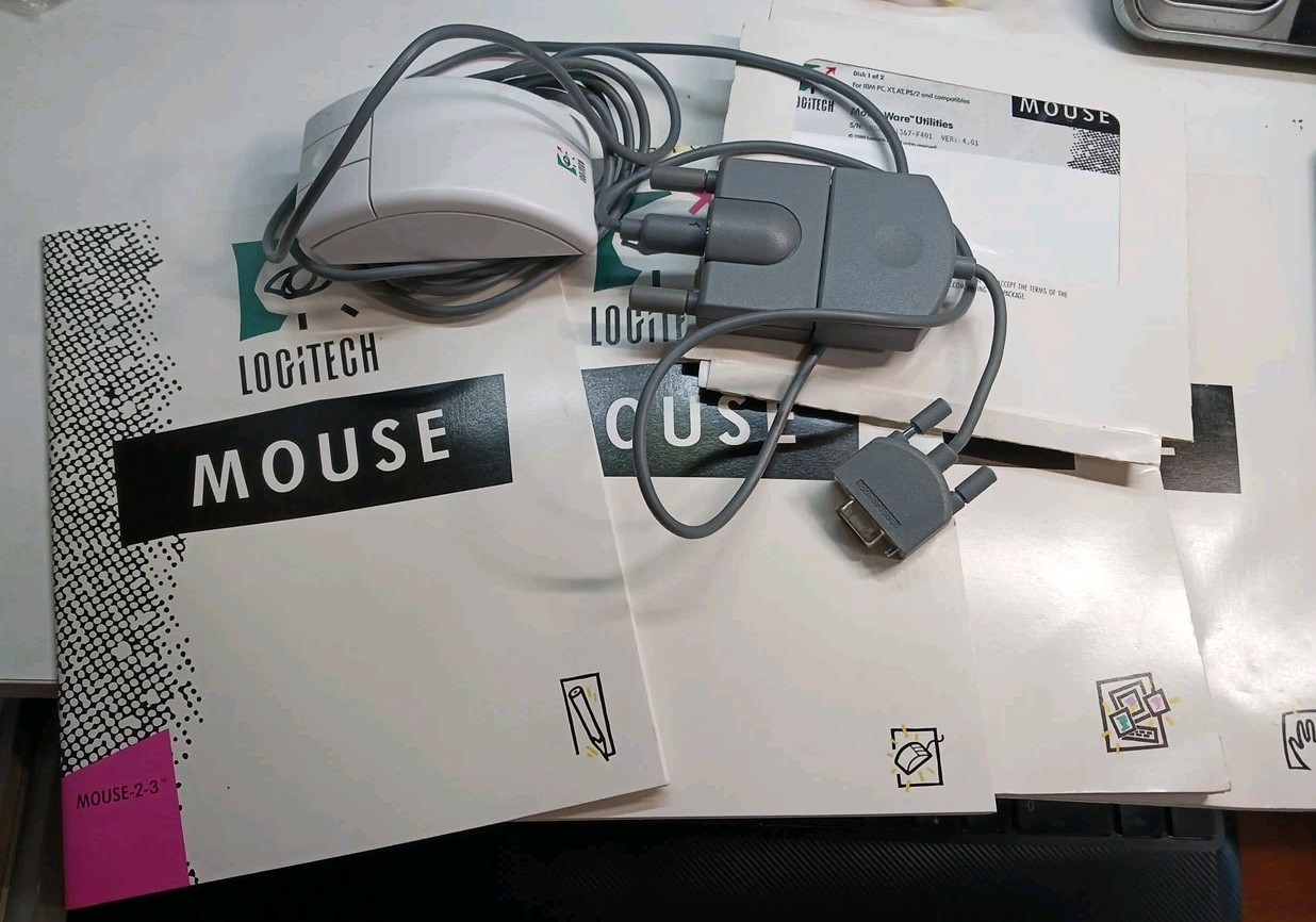 Vintage Logitech Serial Mouse w/ Manuals, Software & Adapter - Retro PC