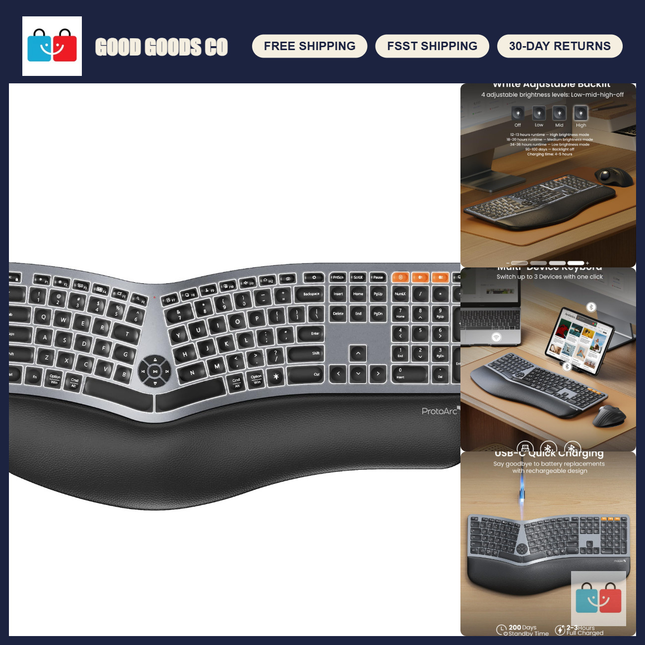 Ergonomic Full Size Backlit Bluetooth Keyboard - Wireless, Grey, Comfortable Des