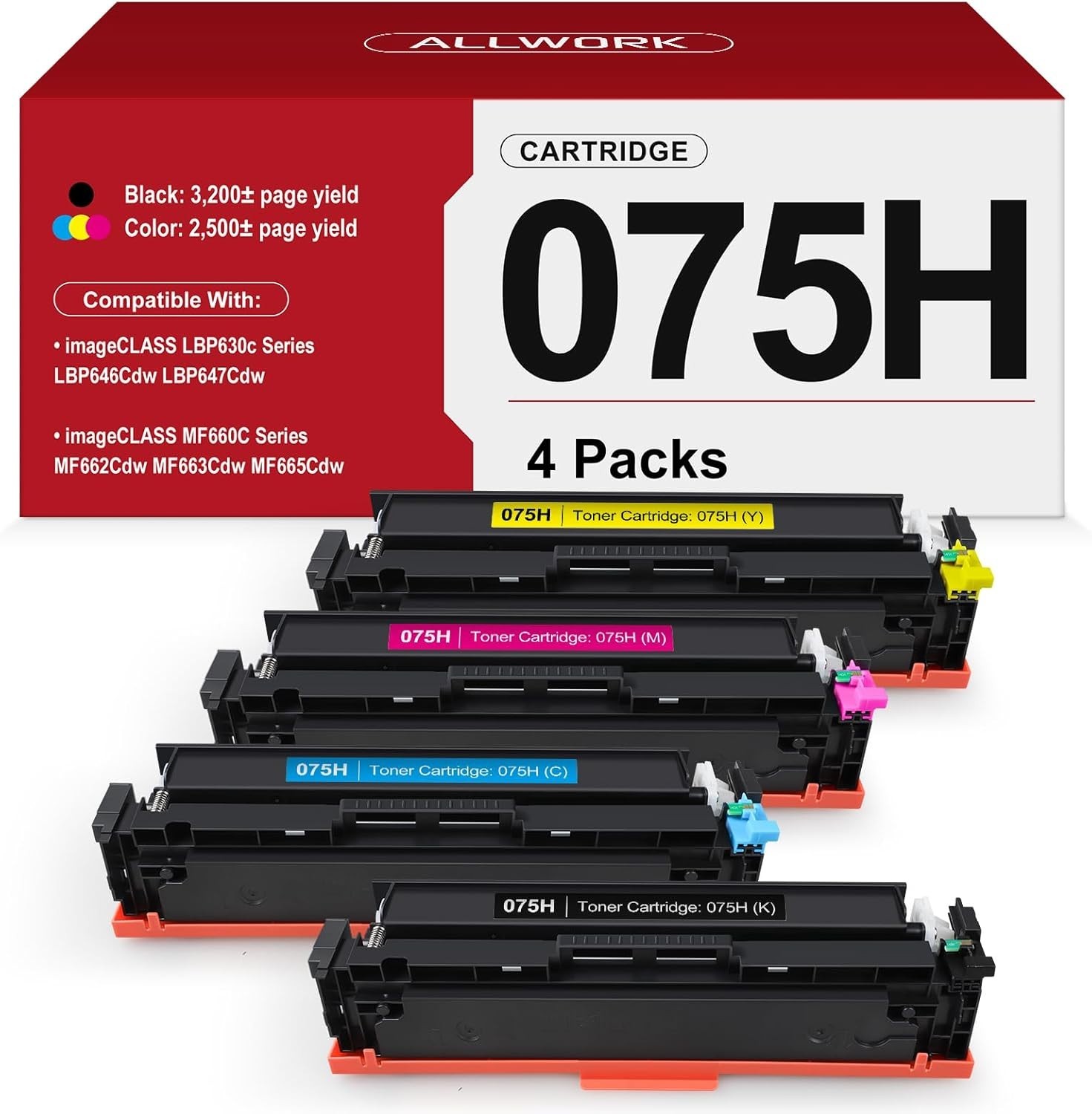 Allwork 075H 075 High Capacity Toner Cartridge For LBP646Cdw LBP647Cdw Pack of 4