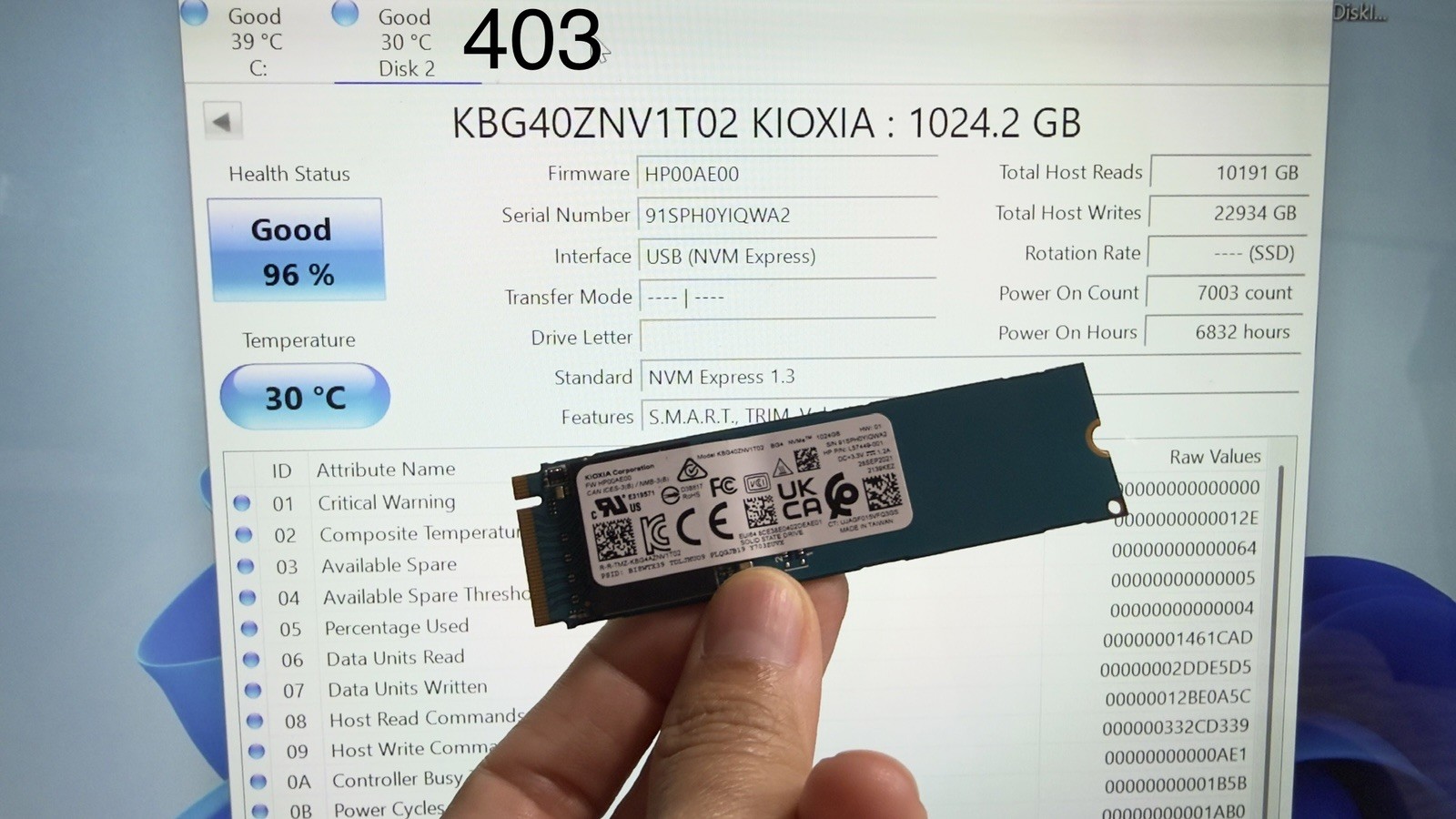 KIOXIA BG4 1TB 2280 NVMe SSD KBG40ZNV1T02 L57449-001