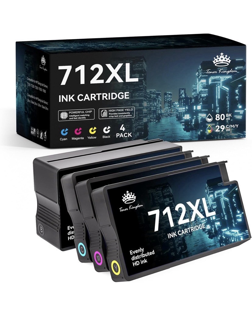712XL & 712 Replacement Cartridges, 4 Pack For HP DesignJet T210 T230 T630 T650 