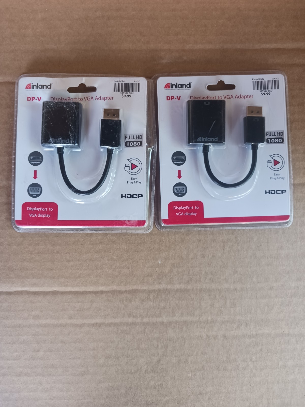 Inland DisplayPort To VGA Adapter 1080p Full HD Plug & Play HDCP 2-Pack