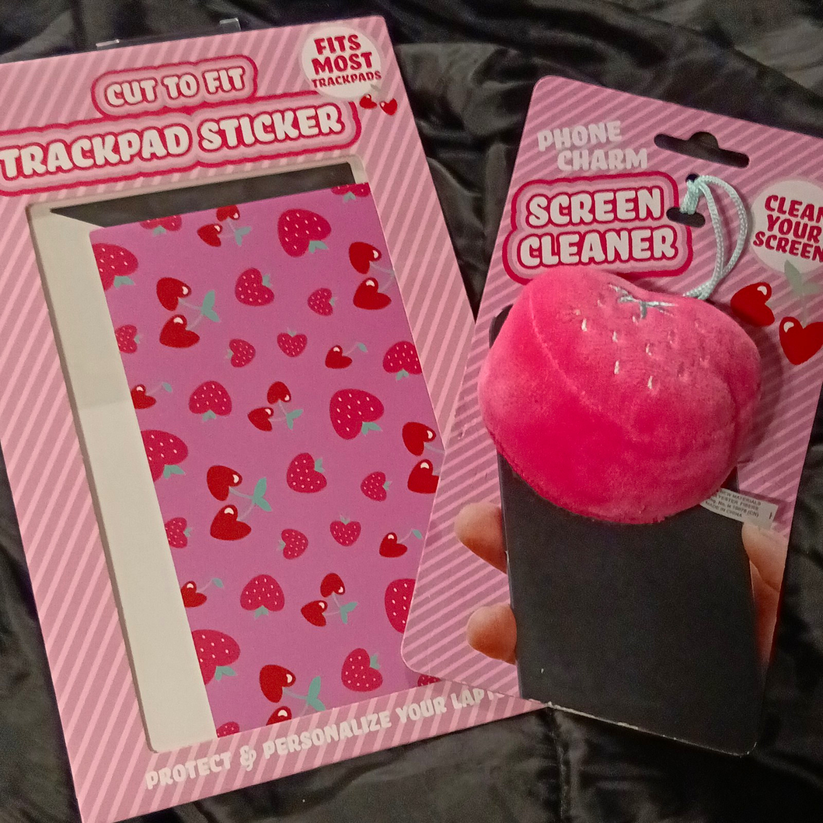 Pink Strawberry Charm Screen Cleaner + Cut-to-Fit Strawberry Trackpad Sticker