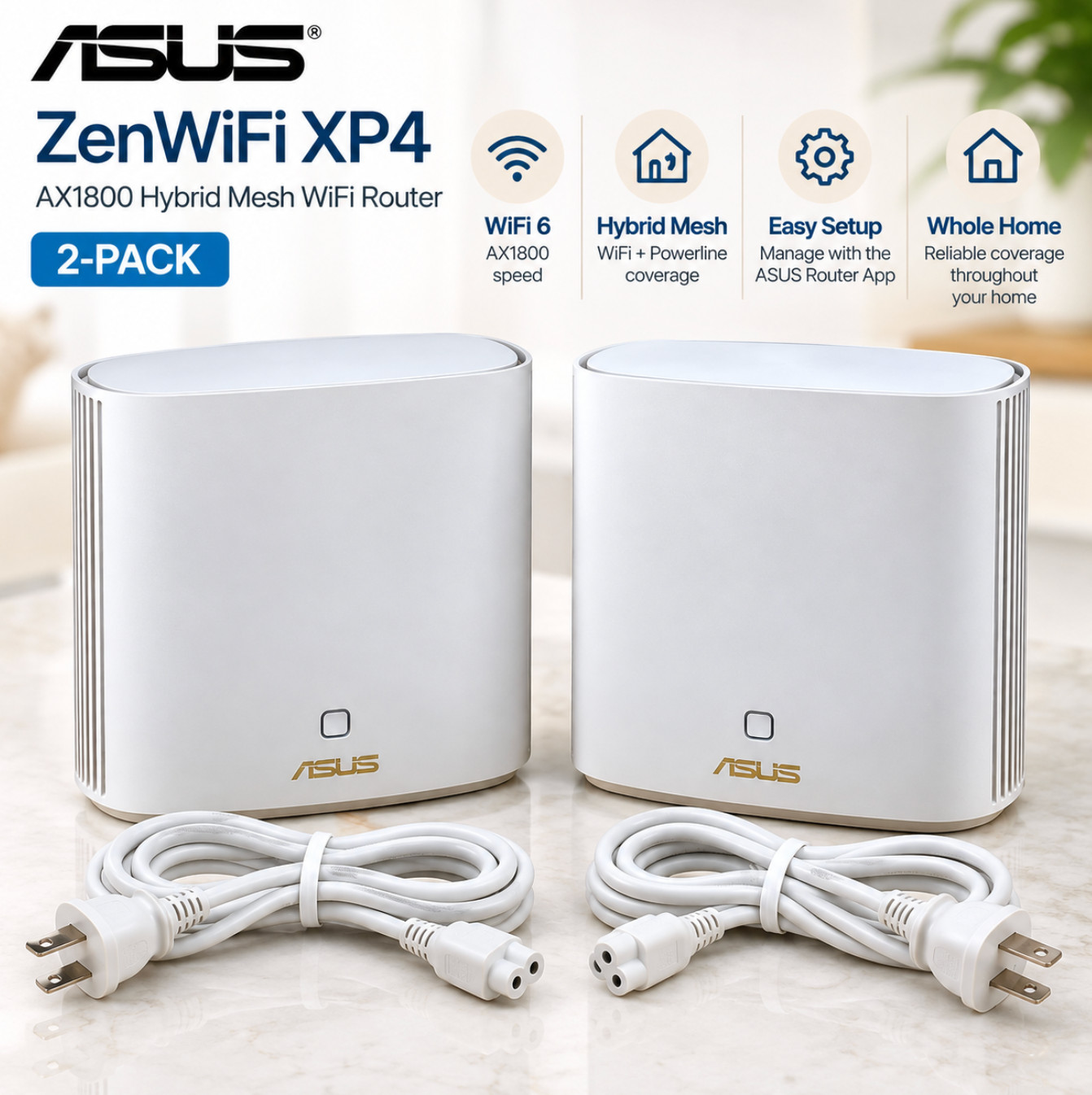 ASUS ZenWiFi XP4 AX1800 WiFi 6 Hybrid Mesh Router 2-Pack Powerline Preowned