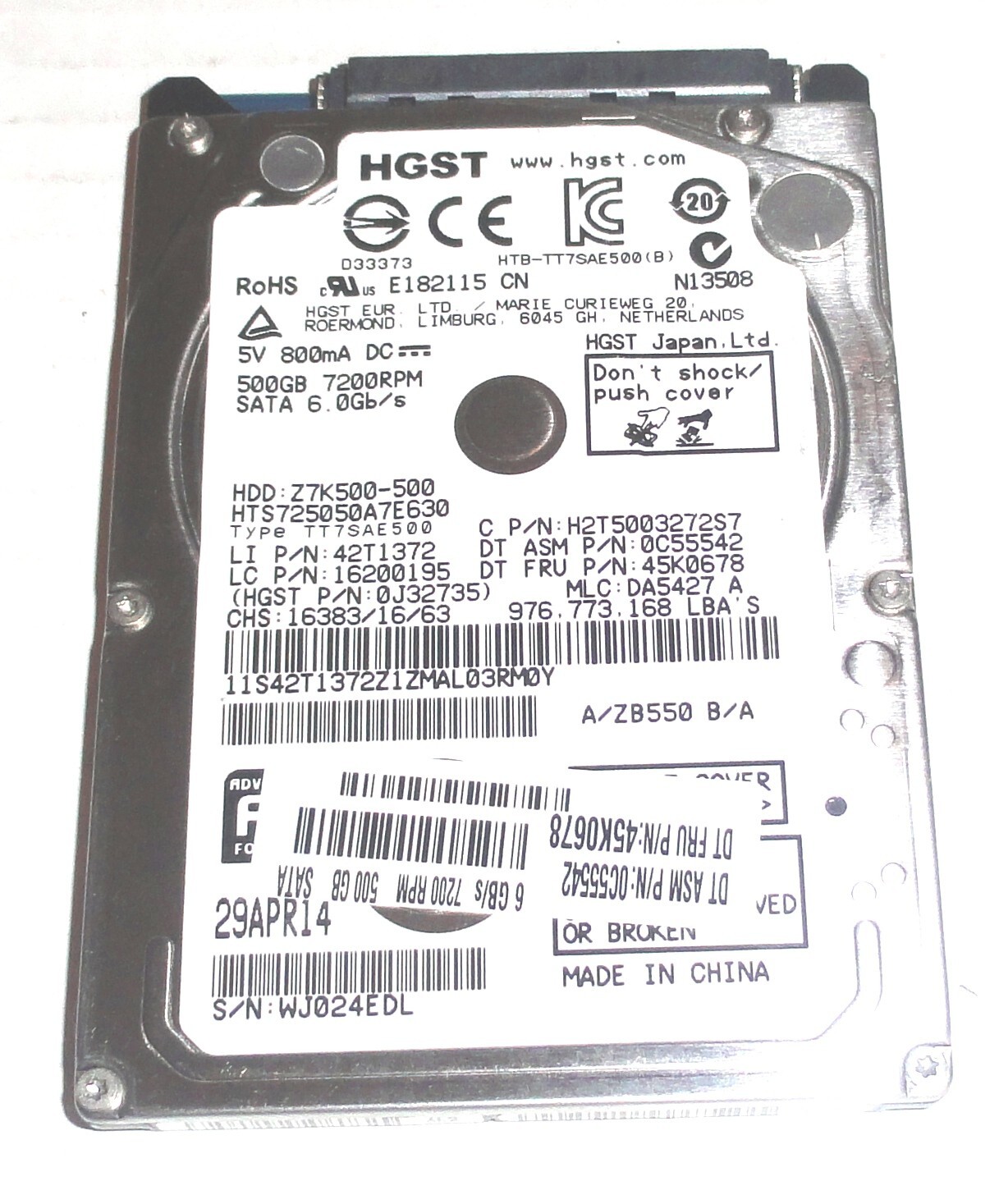 HGST HTS725050A7E630 500GB Sata Hard Drive P/N: 0J32735  MLC: DA5427