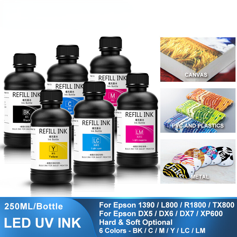 6×250ML LED UV Ink For DX4 DX5 DX6 DX7 DX10 TX800 XP600 Printhead