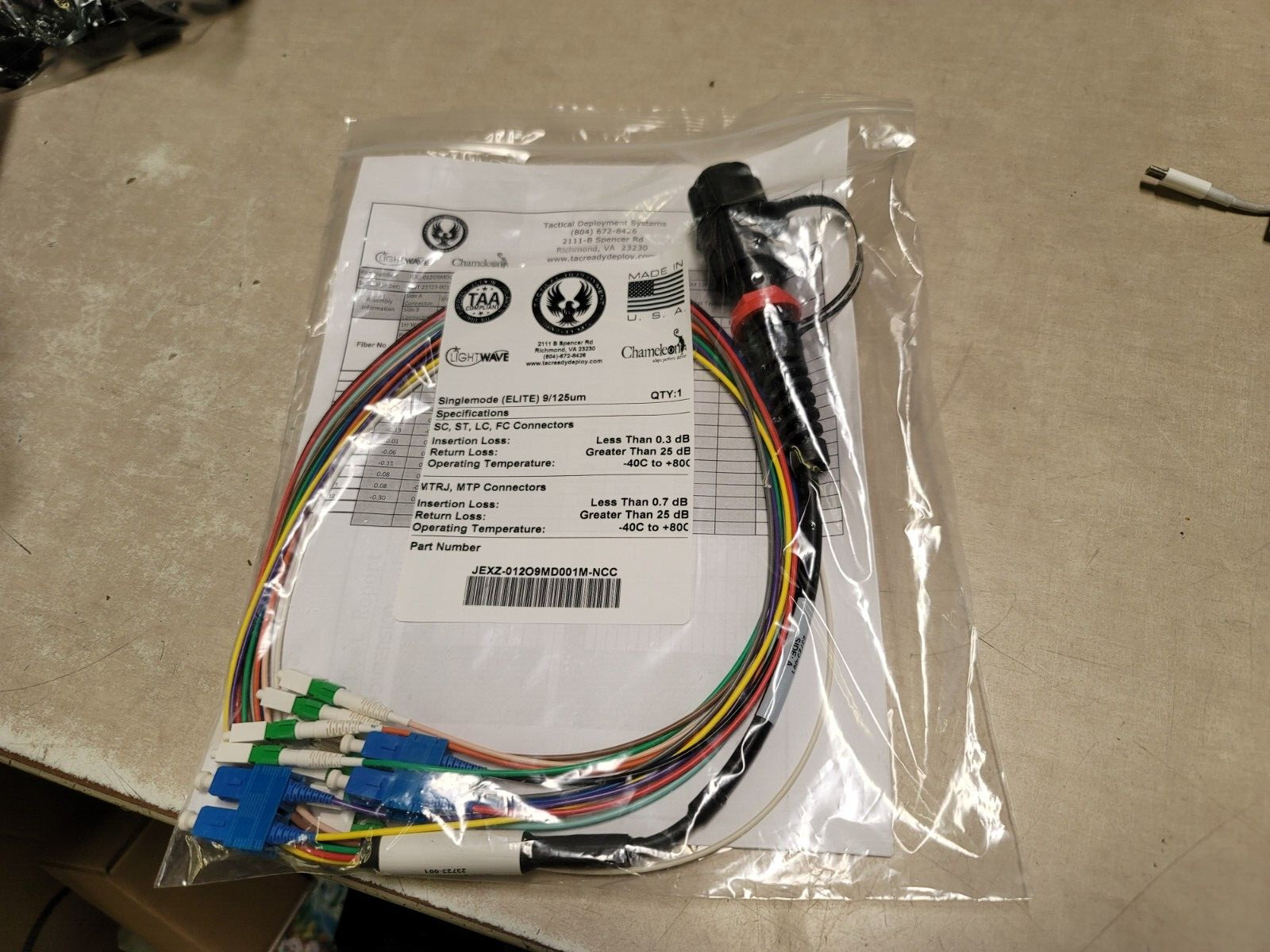 Lightwave Singlemode ELITE 9/125um Cable Jexy-012O9MD001M-NCC 23722-004