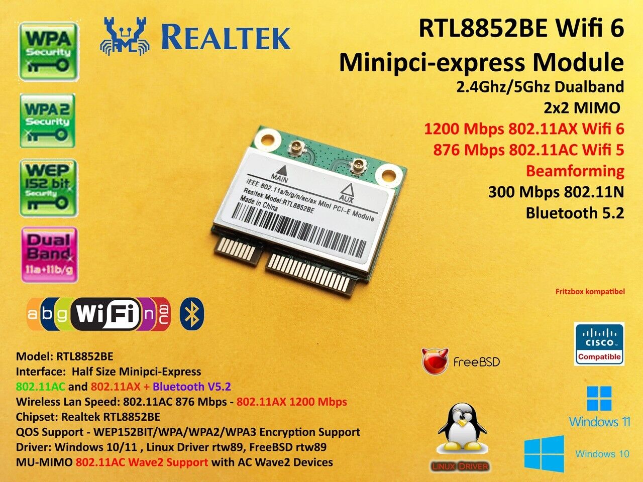 Minipci-express 802.11AC/AX Wi-Fi + Bluetooth 5.2 RTL8852BE AX1800 6MP