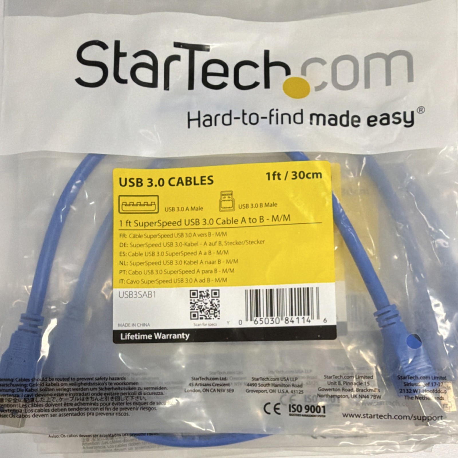StarTech SuperSpeed USB 3.0 A Male to B Male Cable 1ft 30cm Blue
