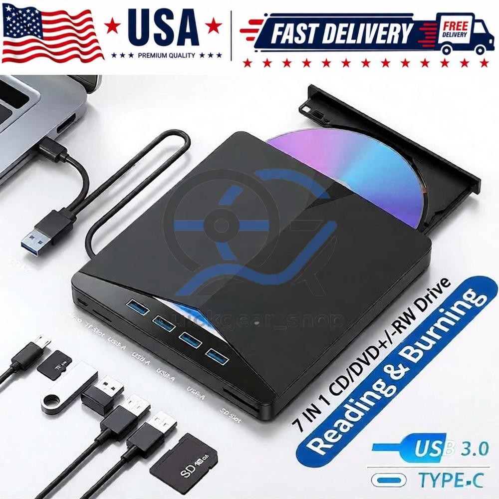 7-in-1 External USB 3.0 DVD CD RW Writer Drive Burner Reader Player For Laptop