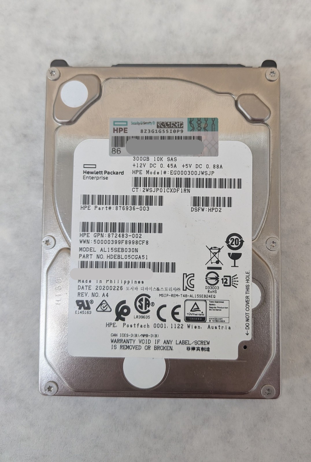HPE EG000300JWSJP 2.5" 300GB 10k SAS HDD 876936-003 AL15SEB030N HDEBL05CGA51