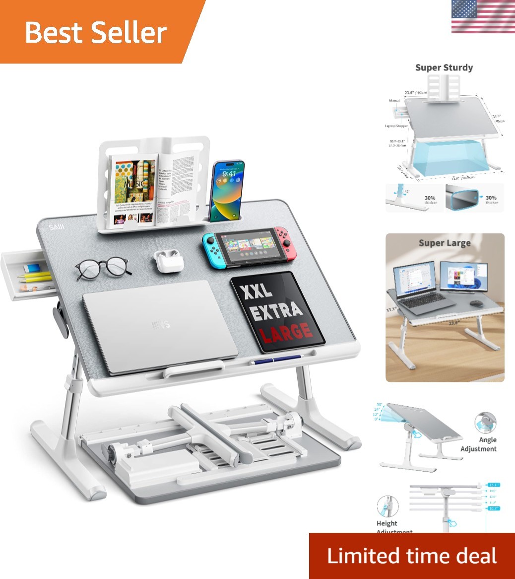 Multi-Purpose Adjustable Lap Desk with Drawer & Tablet Slot - Light Grey