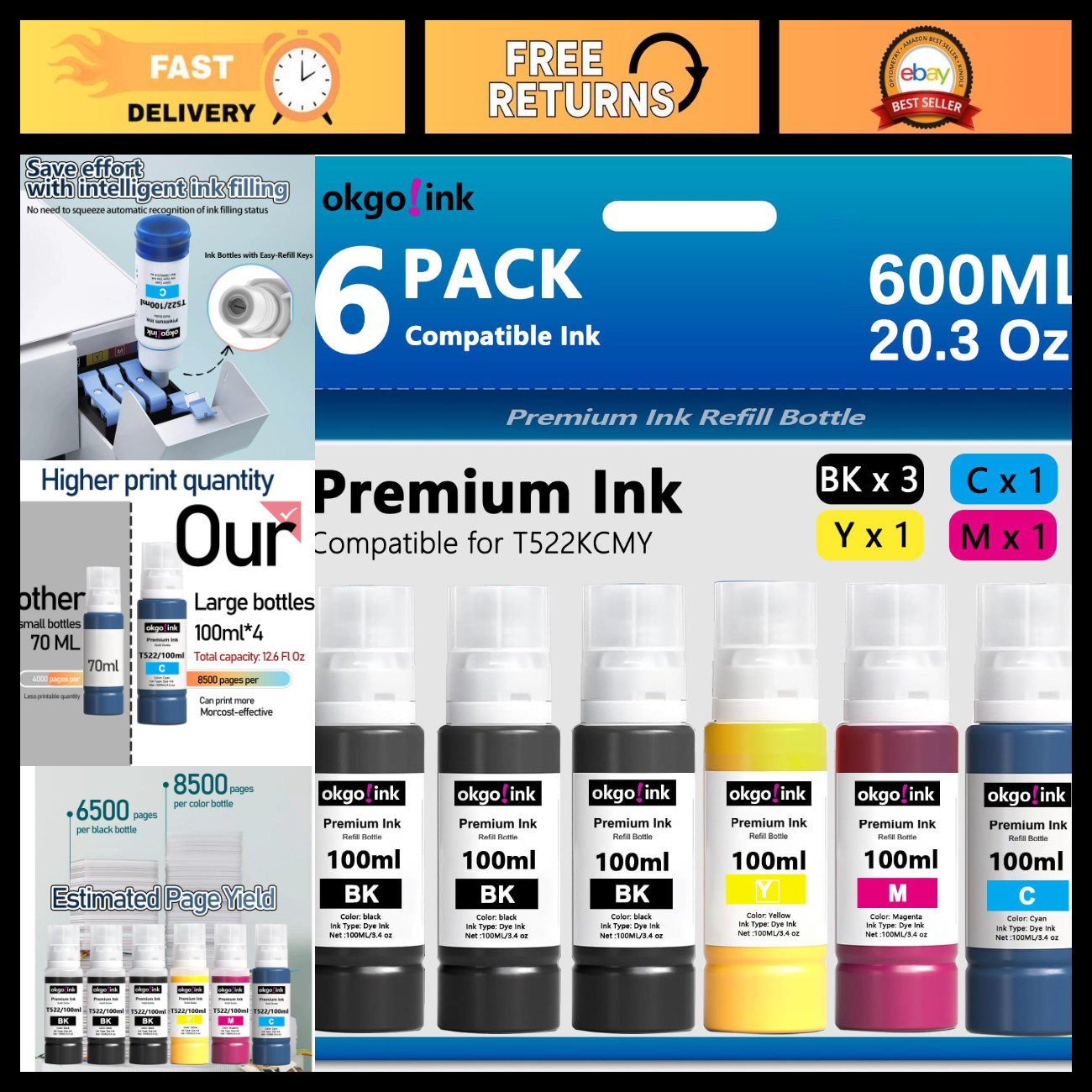 522 Ink Refill Bottles Compatible for Epson ET-2800 - High Yield, Easy Fill