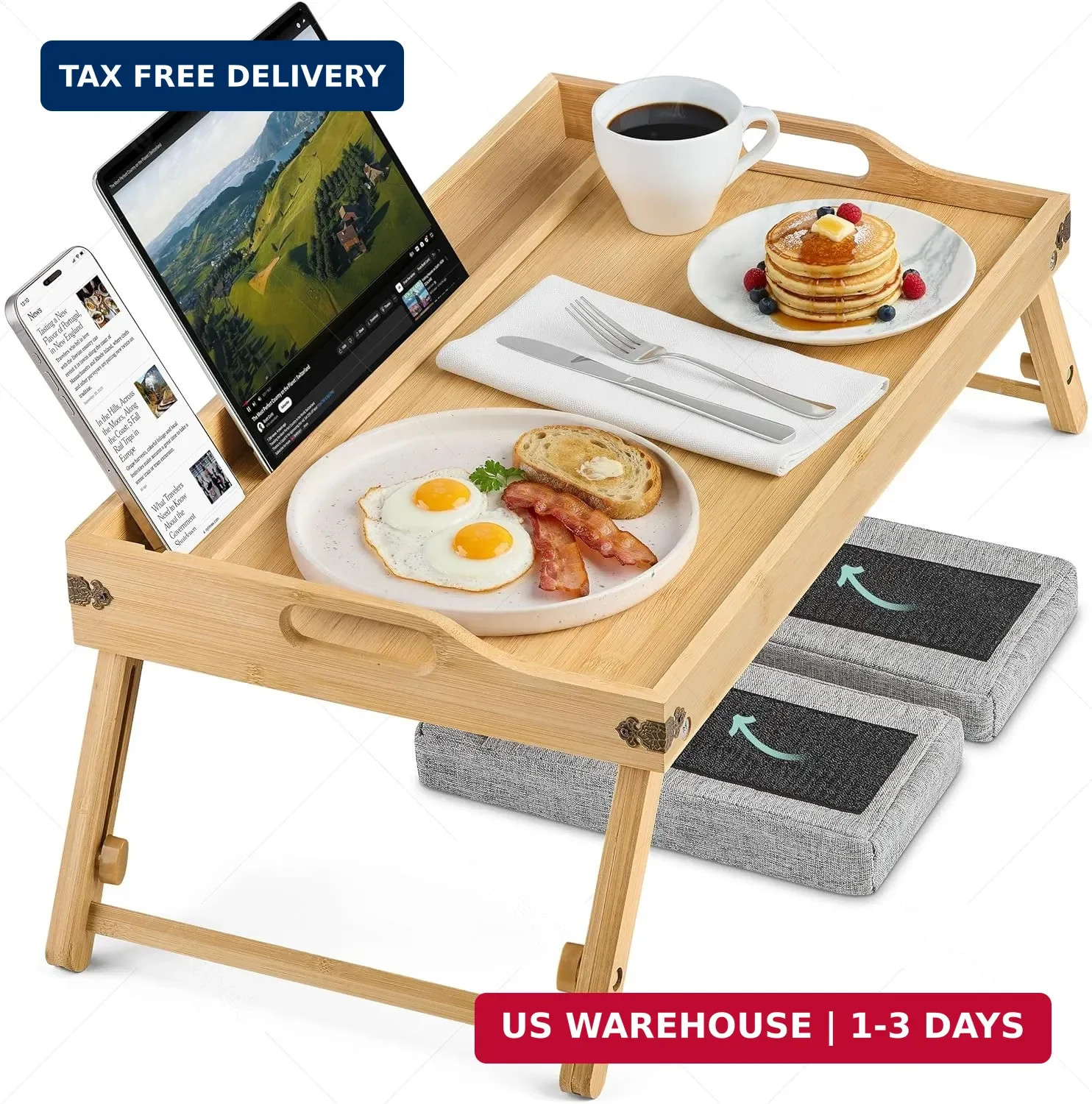 Breakfast in Bed Tray Lap Desk | Ergonomic Bamboo Bed Table Tray for Work, Rest