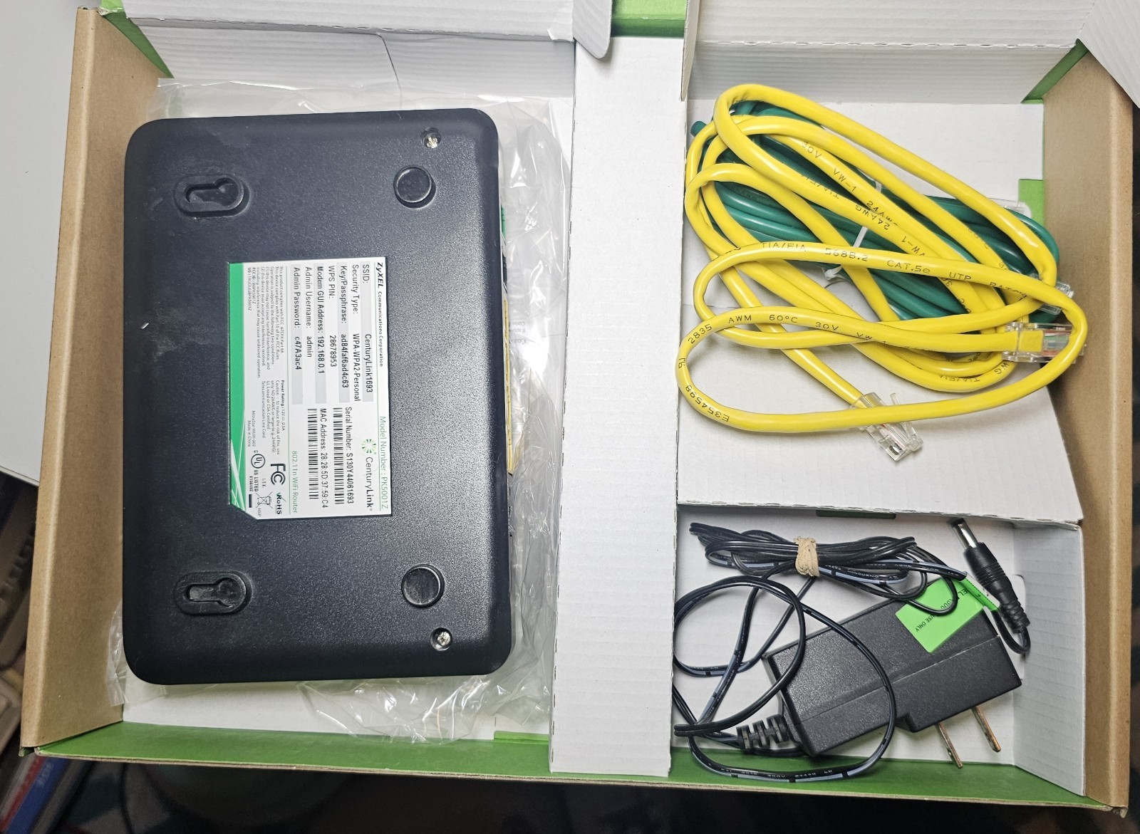 CenturyLink Zyxel PK5001Z WiFi 4-Port Modem Router with Plug and Cords Open Box