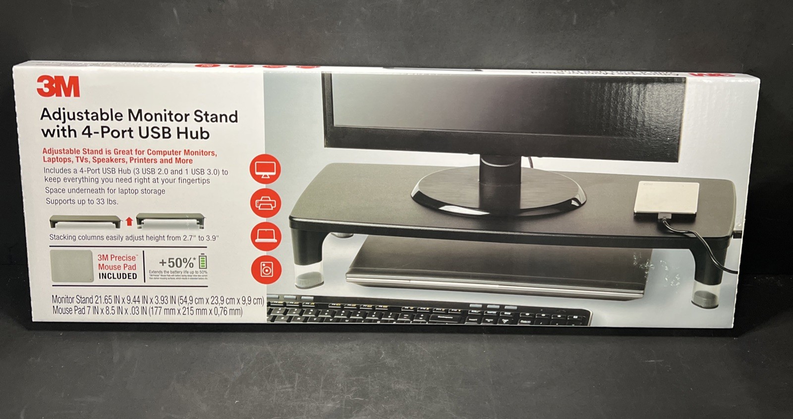 3M Adjustable Monitor Stand w/ 4-Port USB Hub, 21.6 in x 9.4 in Black NEW In Box