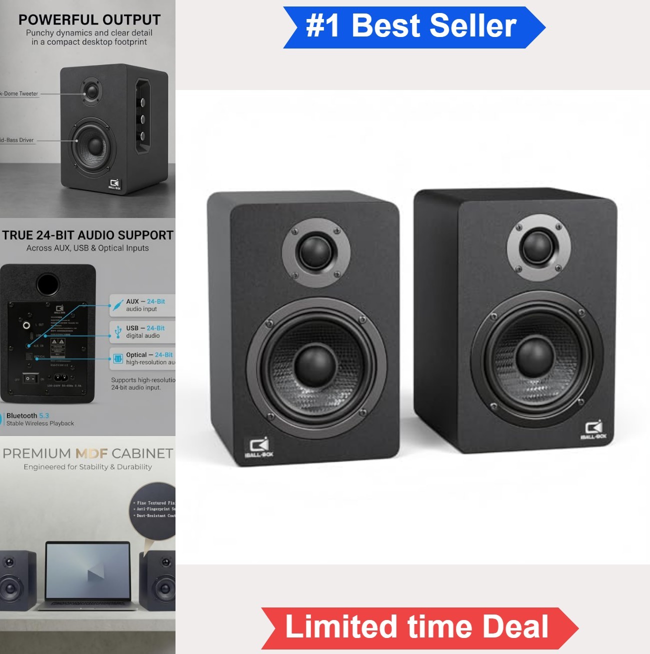 Powered Bookshelf Computer Speakers 60W 2.0 Stereo Bluetooth 5.3 USB-C DAC
