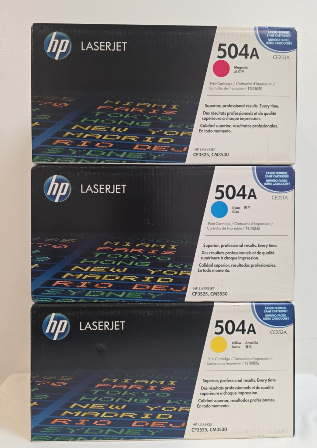 Set of 3 New Sealed Genuine HP 504A LaserJet Toner Cartridges Yellow,Cyan,Magent