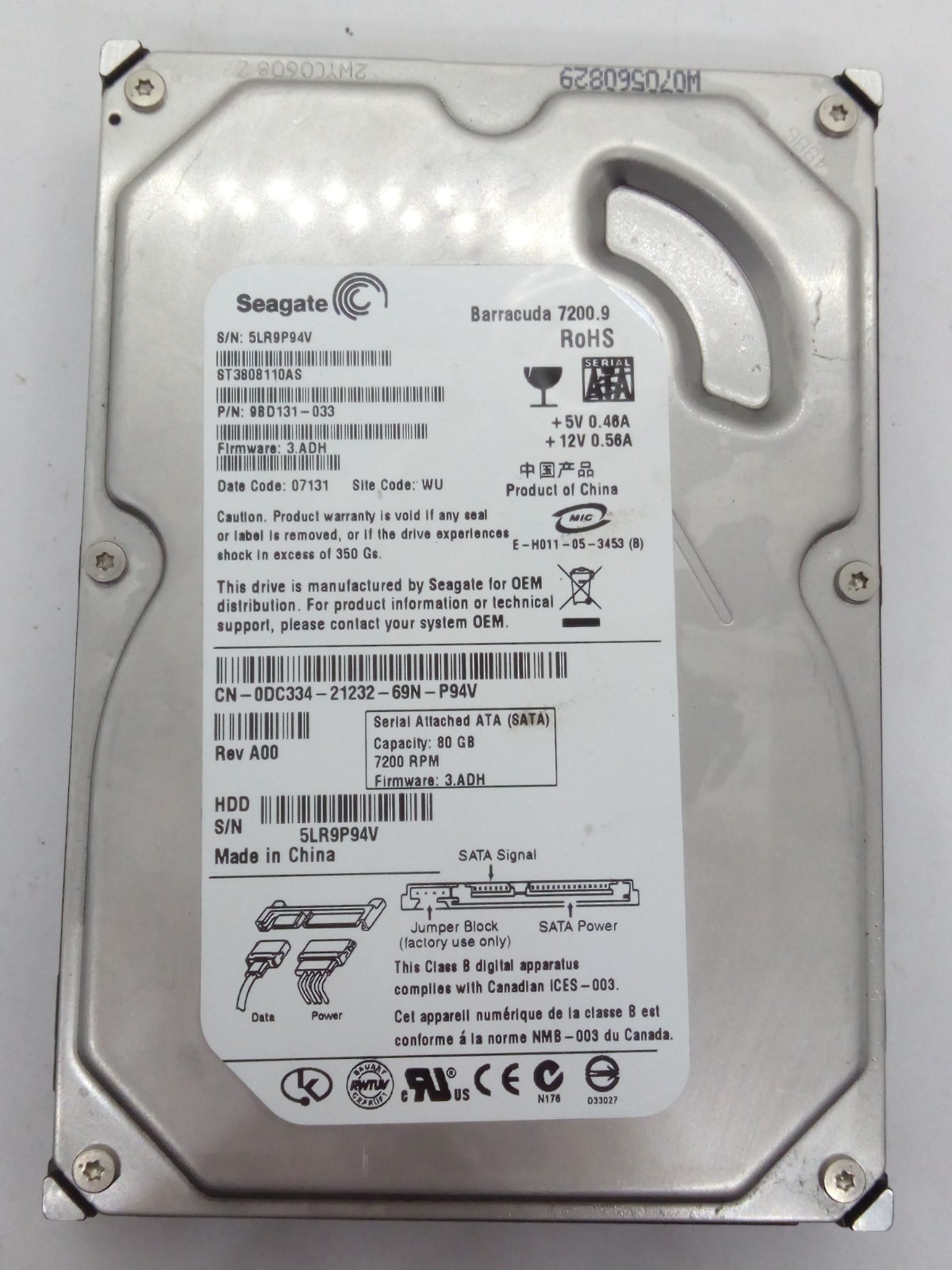 SEAGATE BARRACUDA 7200.9 SATA HARD DRIVE 80GB S/N: 5LR9P94V 3.5 " #FP4574