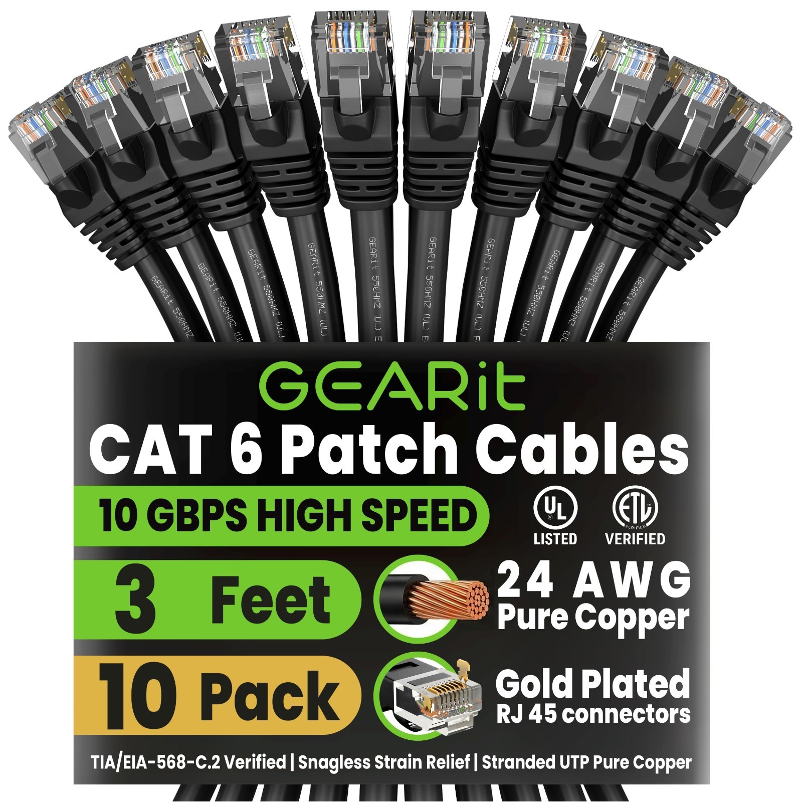 10-Pack Cat 6 Ethernet Cables - 3ft High-Speed Network Patch Cords, Black