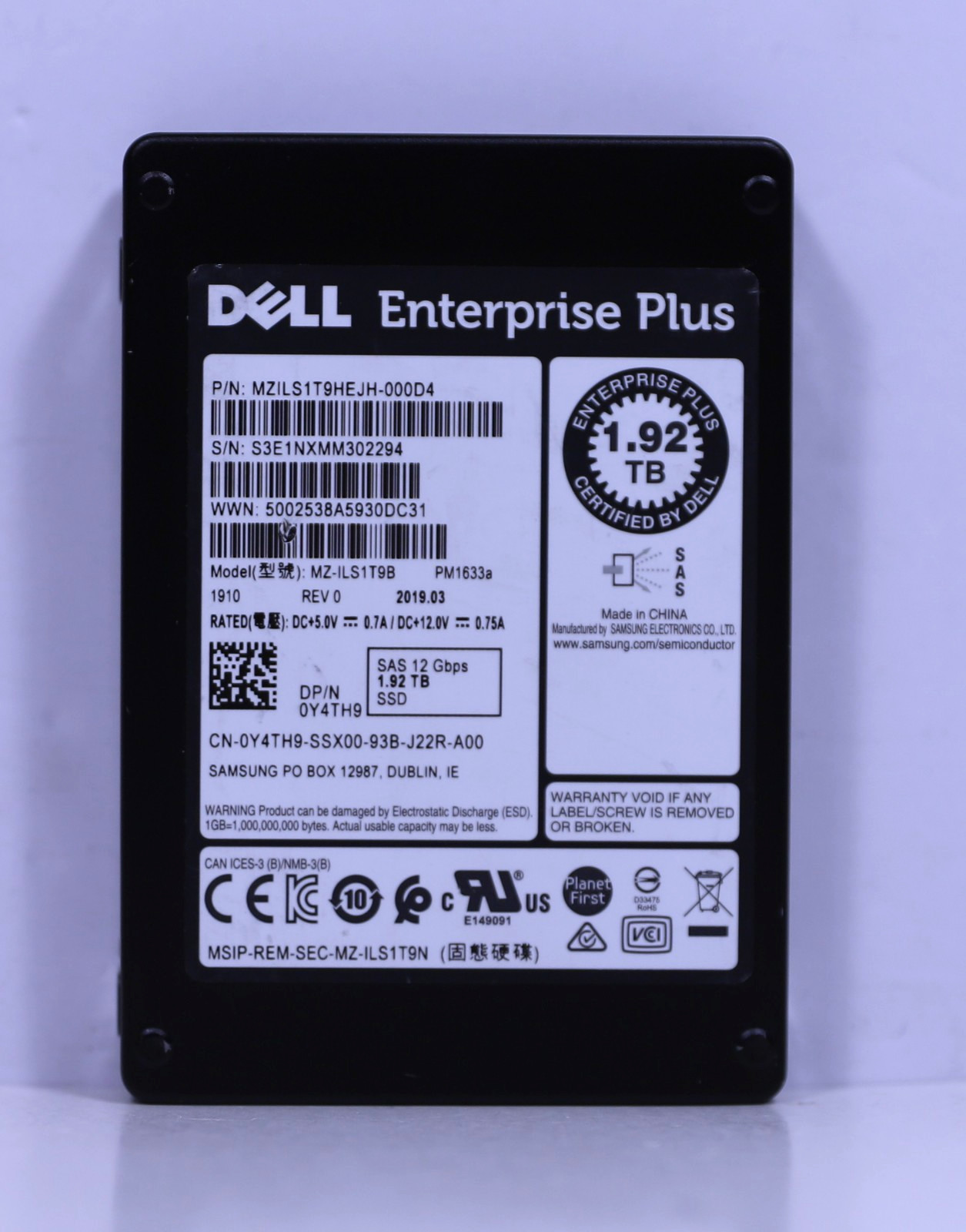 Dell Compellent Y4TH9-CML 1.92TB SAS 12G RI 2.5" SSD MZ-ILS1T9B Enterprise