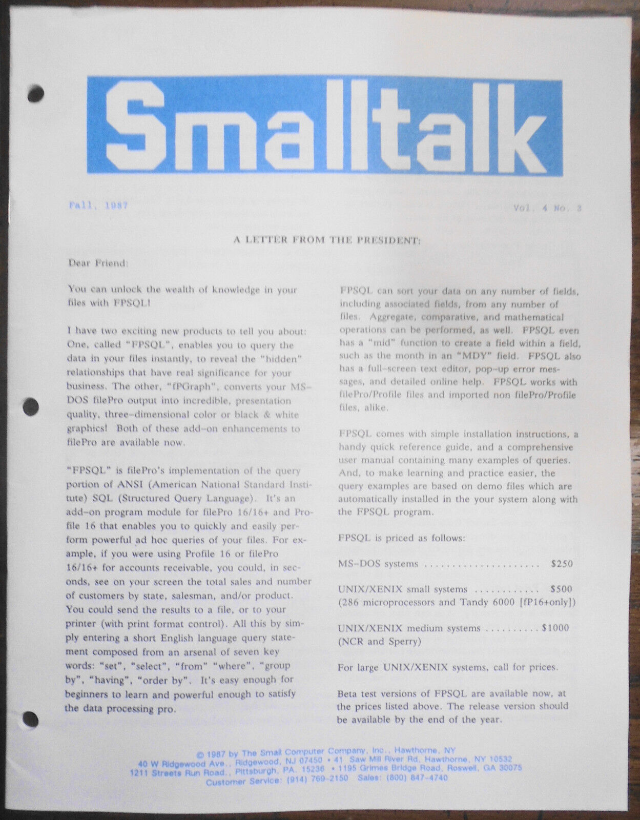 Smalltalk Fall 1987 - for filePro users & developers. Radio Shack, other systems