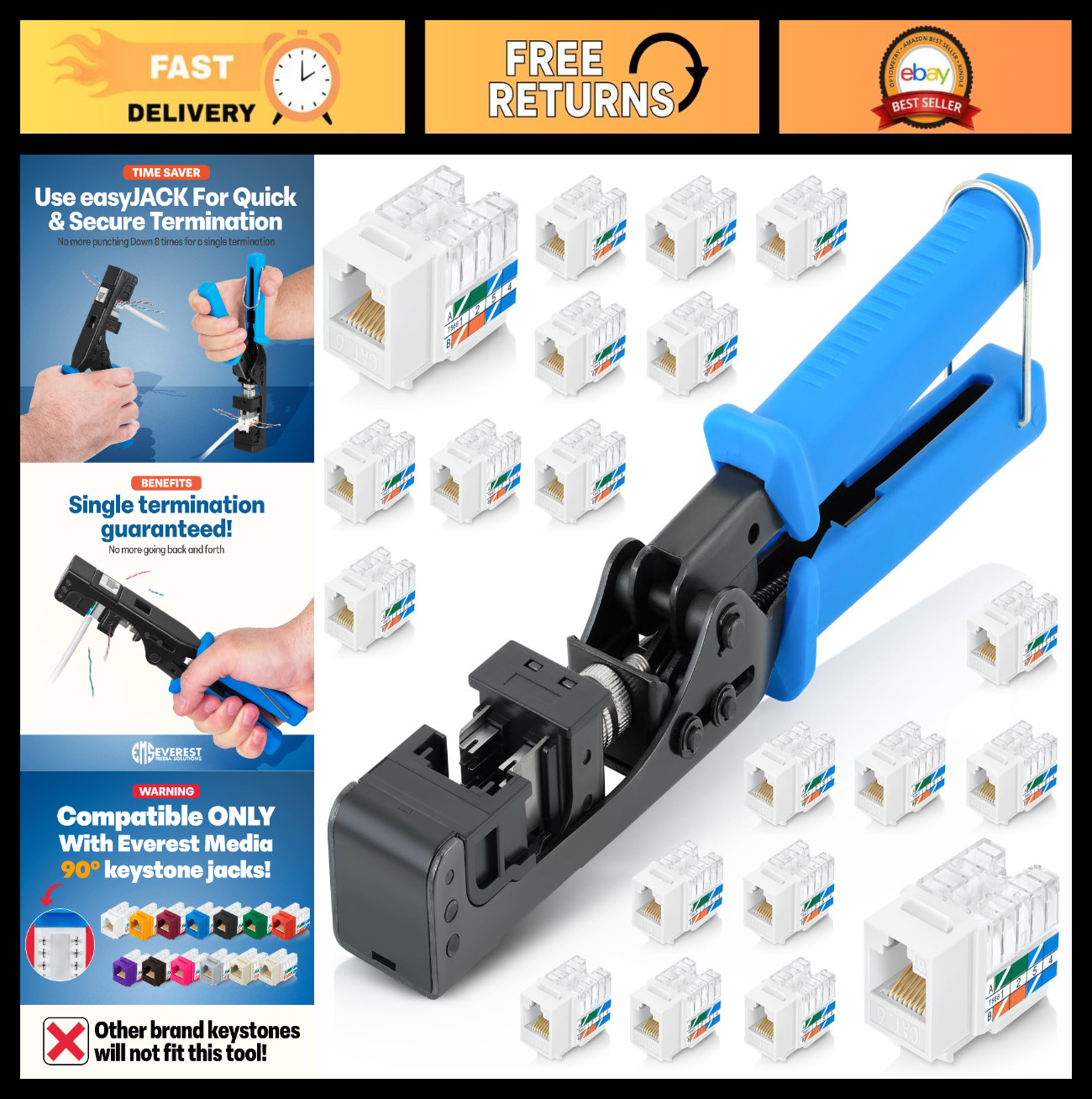 90° Speed Termination Tool & 20-Pack RJ45 Cat6 Keystone Jacks - Slim Profile Whi