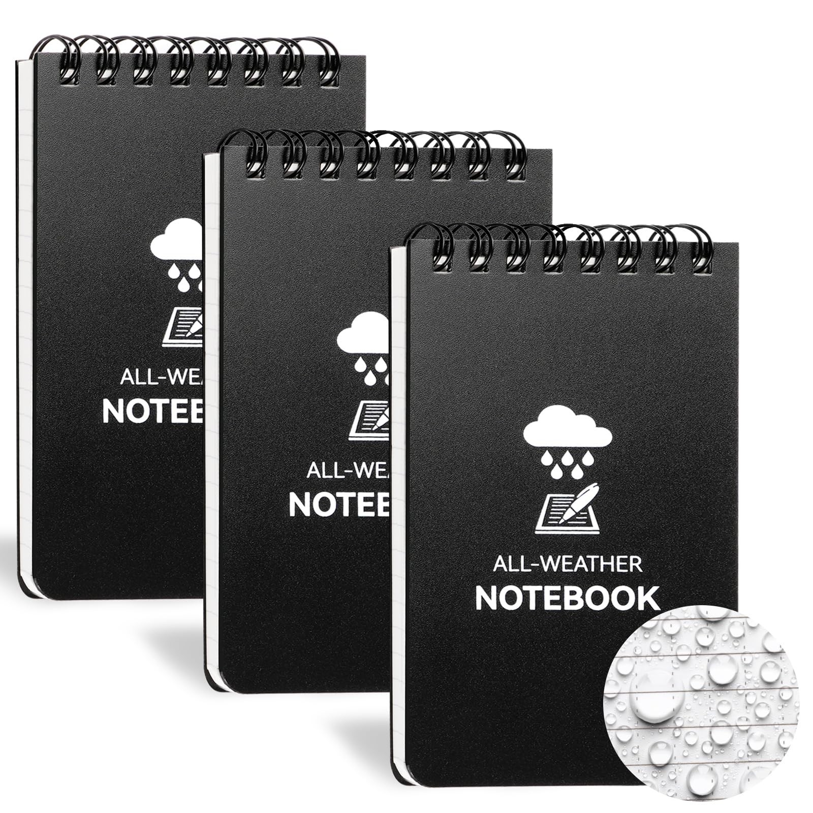 COIDEA 3 Pack Waterproof Notebook, 3 x 5 Pocket 3 x 5", 3 Pack, Black