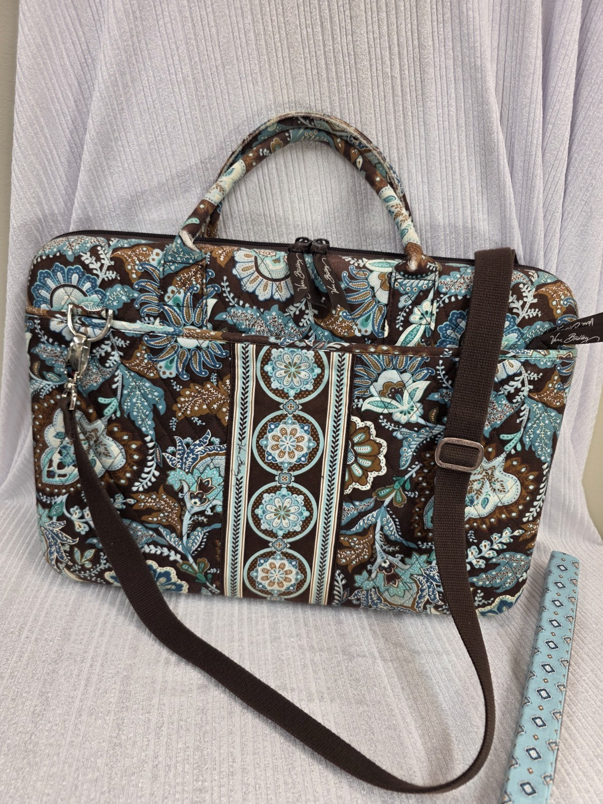 Vera Bradley Floral Padded 17in Laptop Shoulder/Messenger Bag, Brown/Blue
