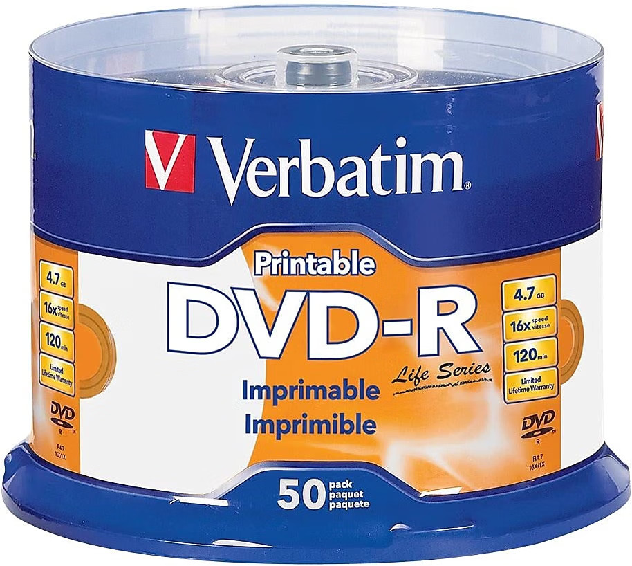 Verbatim Life Series DVD-R Printable Disc Spindle, Pack of 50 98472 New