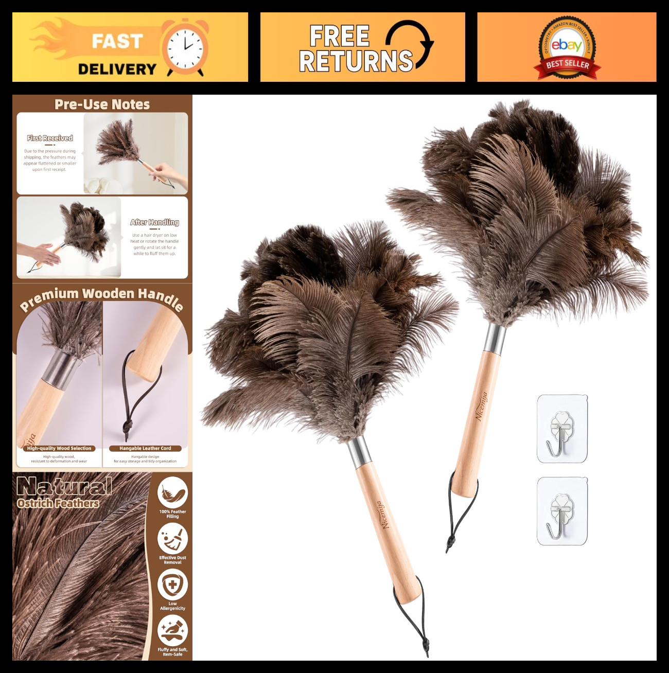 2 Pack Natural Ostrich Feather Dusters - 13.5" Soft Cleaning Tools for Home & Ca