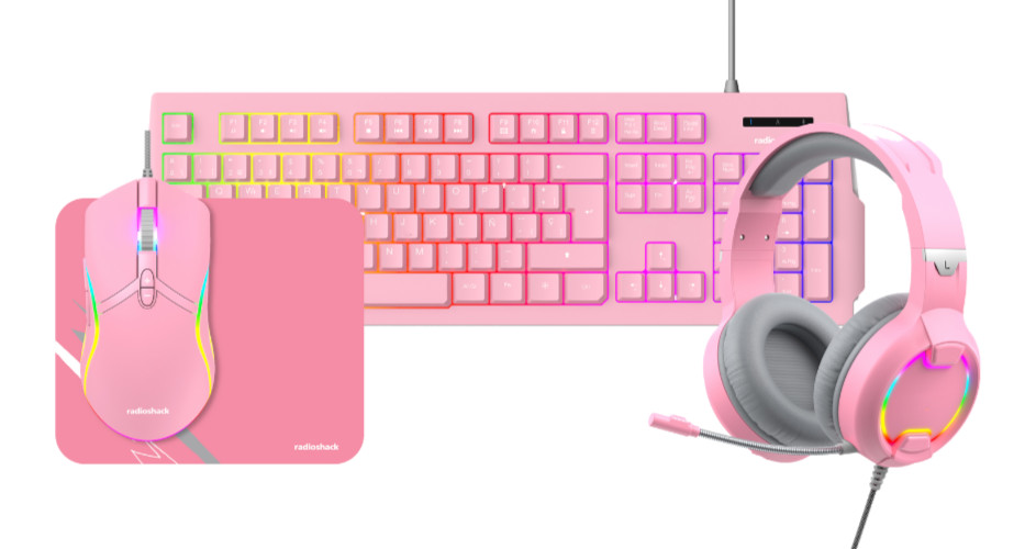 RadioShack Mistic Pink RGB Backlit Gaming Keyboard, Mouse & Pad, Headset Combo