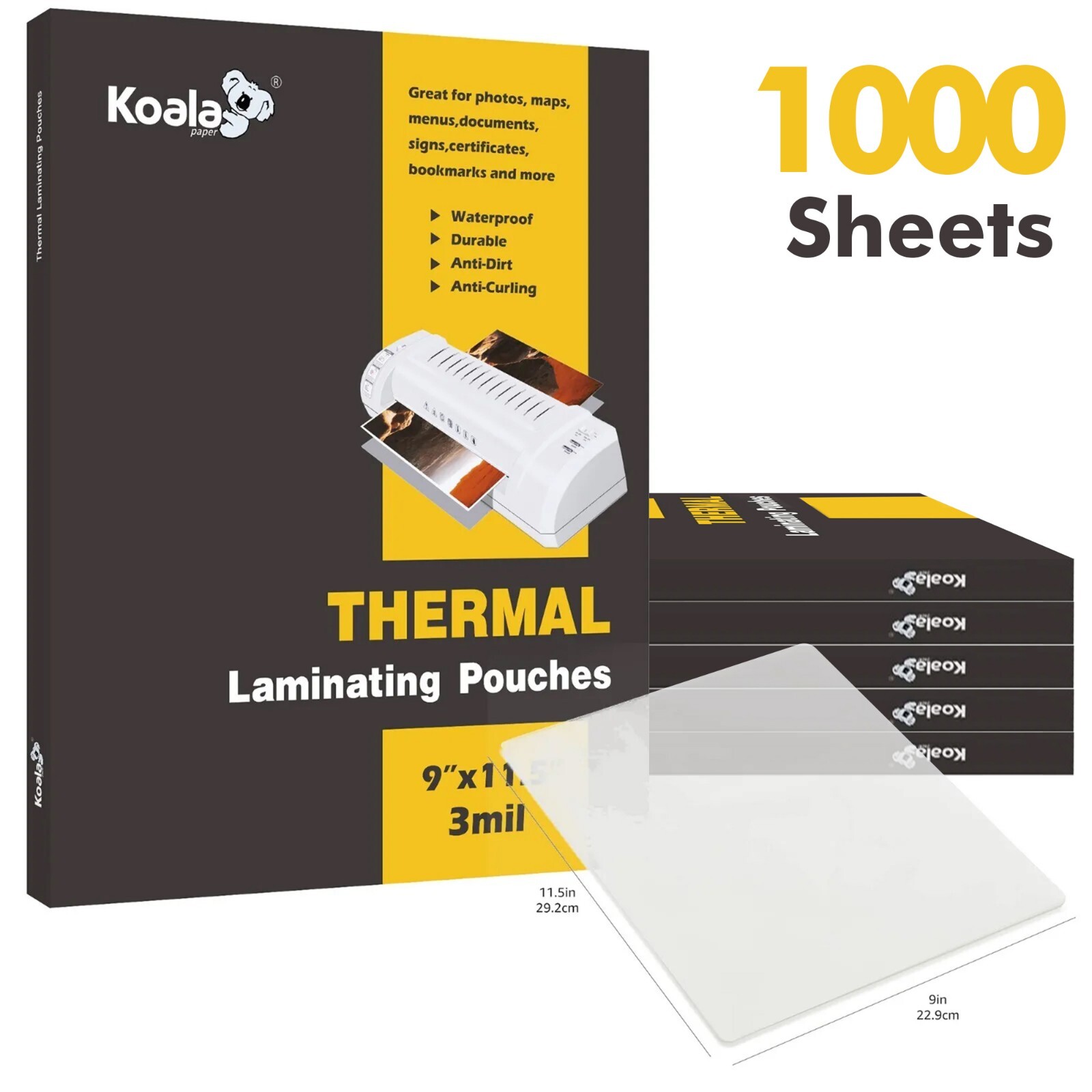 KOALA 1000 PK Bulk Thermal Laminating Pouch 9x11.5 Clear Hot Laminate Sheet 3Mil