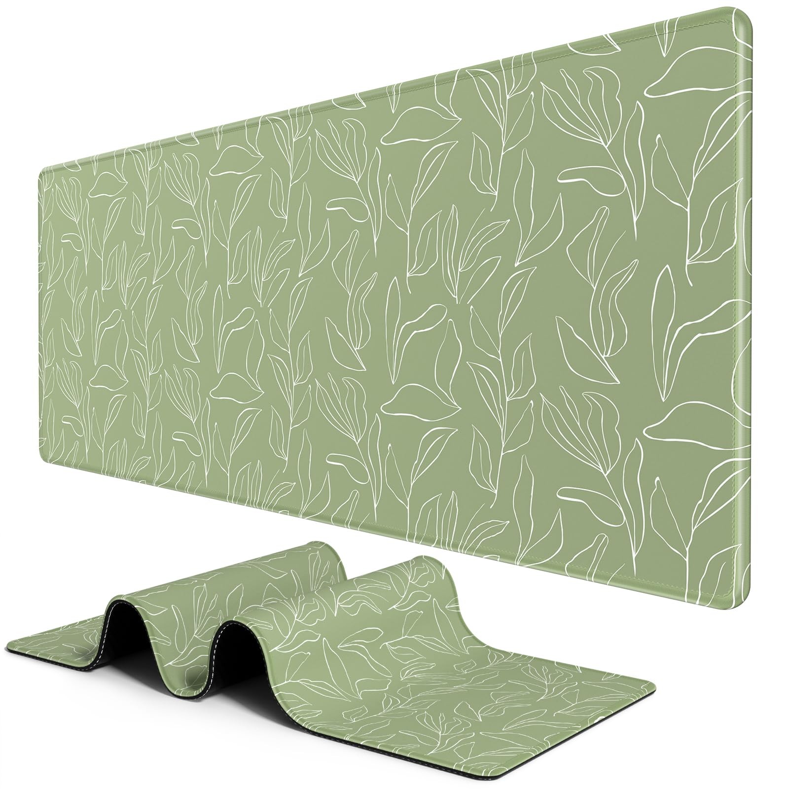 BOSOBO Large Desk Pad - XXL XL - 31.5 x 11.8 Inches, Minimalist Green Leaf 