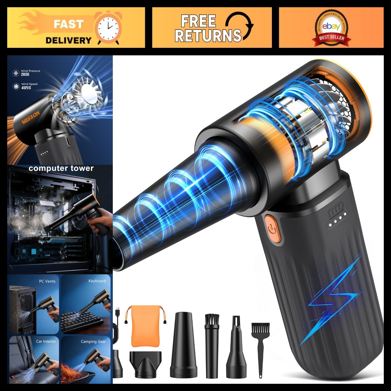 Cordless Compressed Air Duster 260000RPM, Ultra Powerful 3-Speed Adjustable Clea